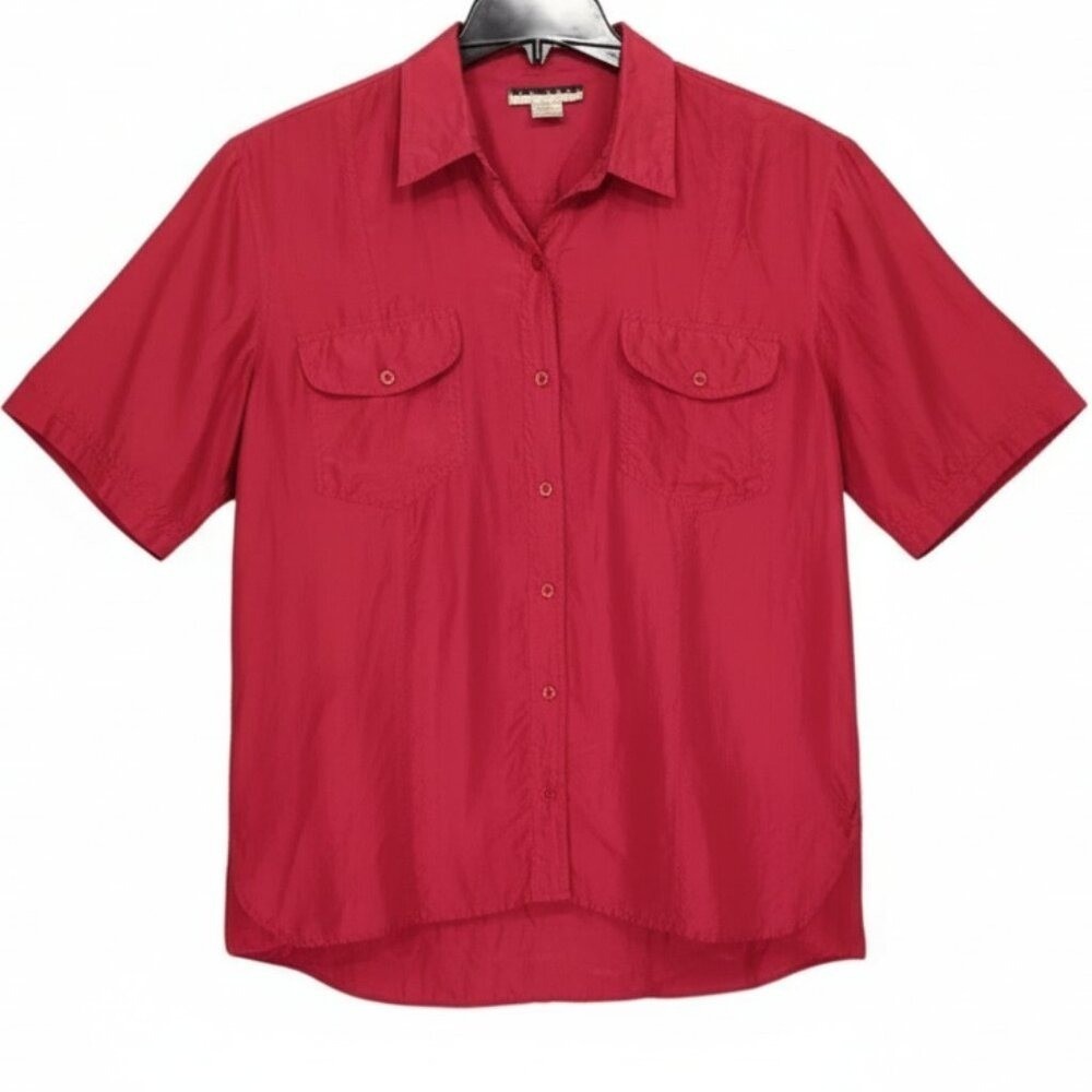 VTG New York Studio 100% Silk Blouse L - Red Oversized Button‎ Up Pocket Top 80s